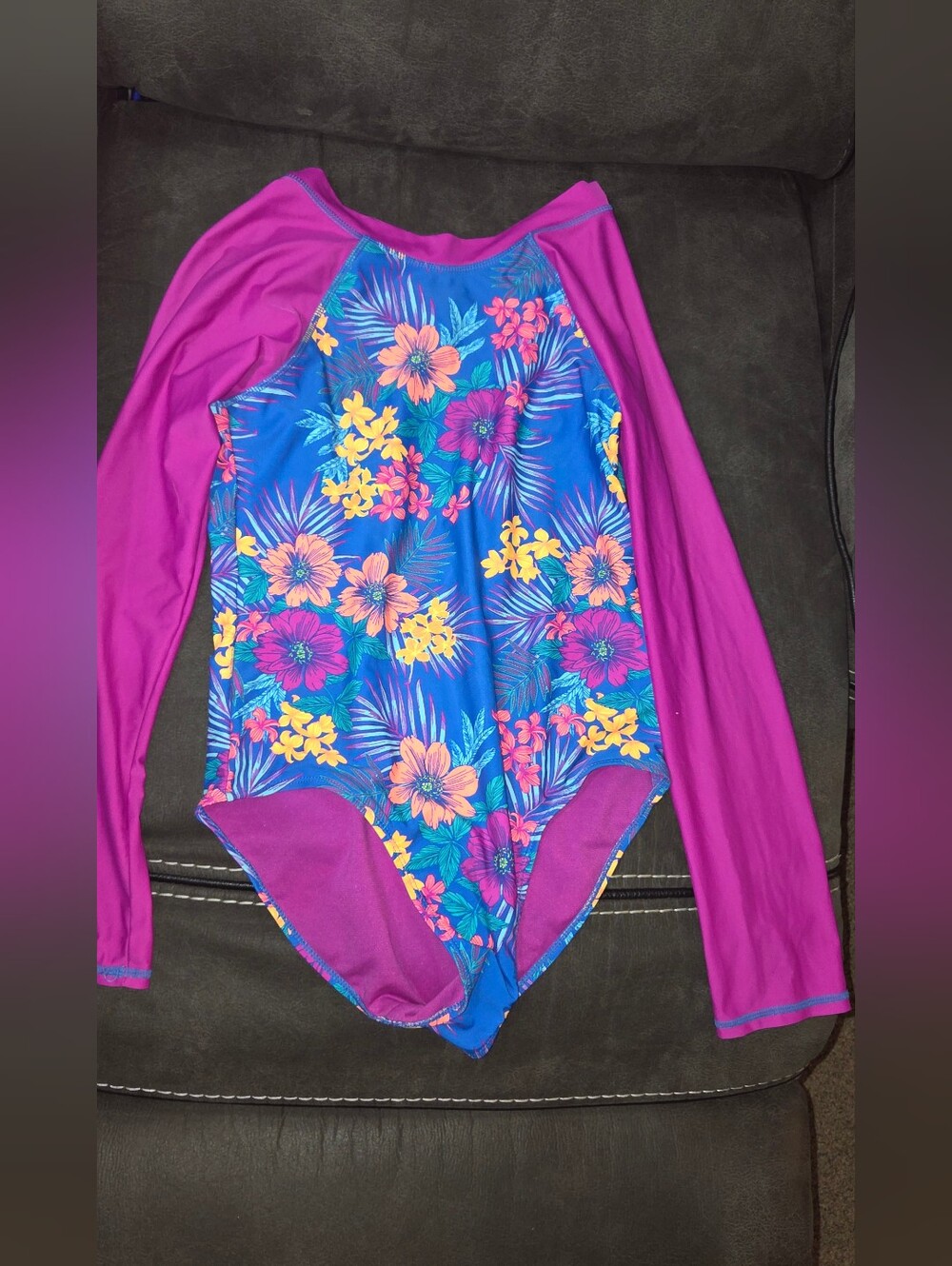 Girls Long Sleeve Floral Rash Guard Swimsuit - Purple/Blue Sz 16
